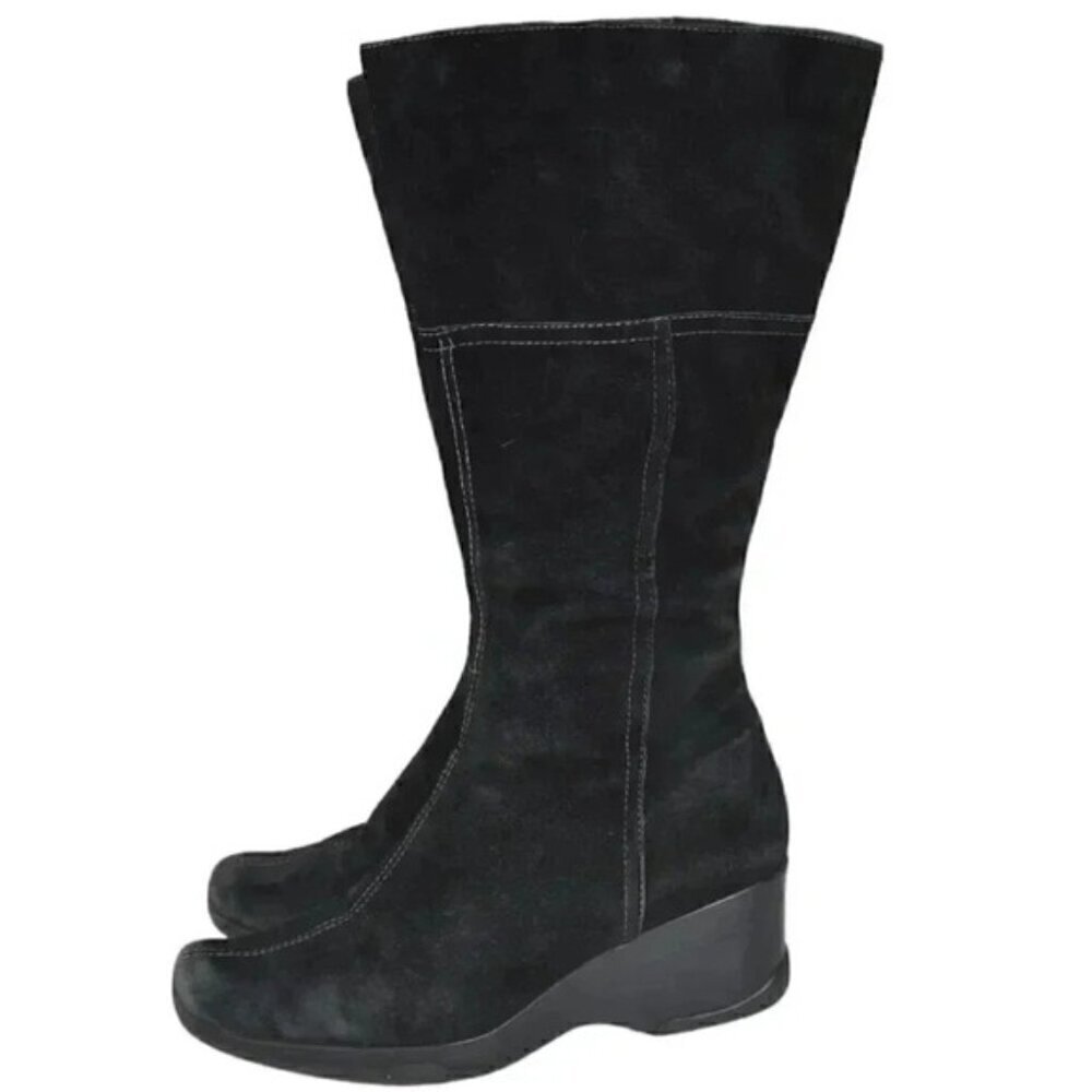 Vintage Hush Puppies Leather Suede Wedge Winter Boots Tall Black Size 9